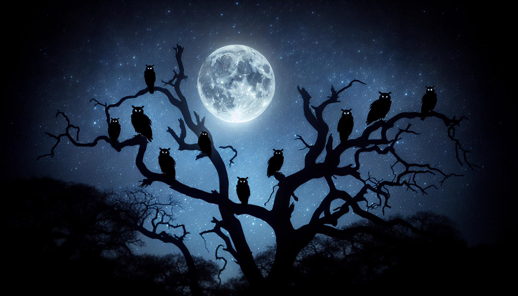 Silhouette of nocturnal birds perched on branches at night