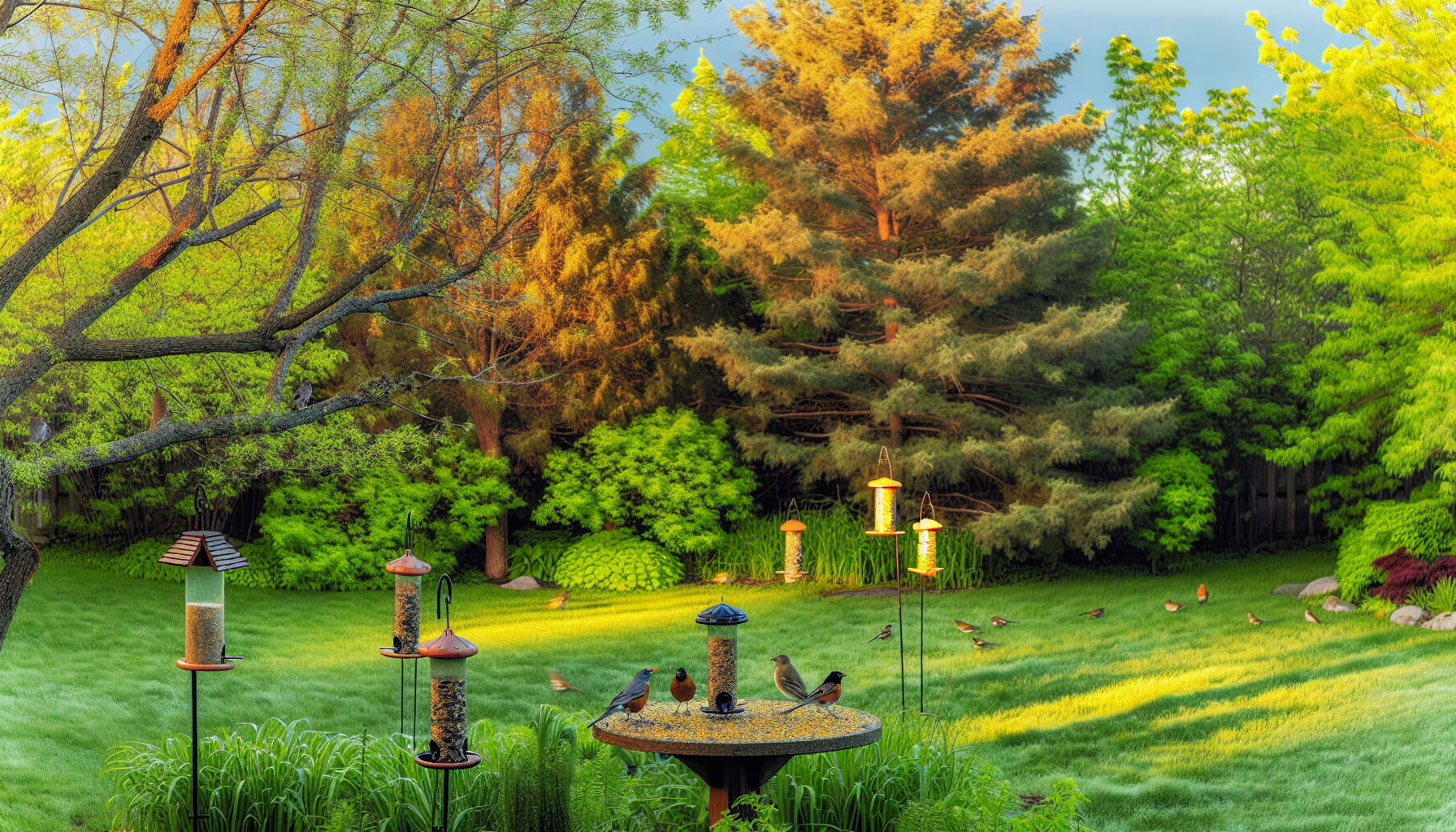 A serene backyard with bird feeders and a variety of bird species perched on branches