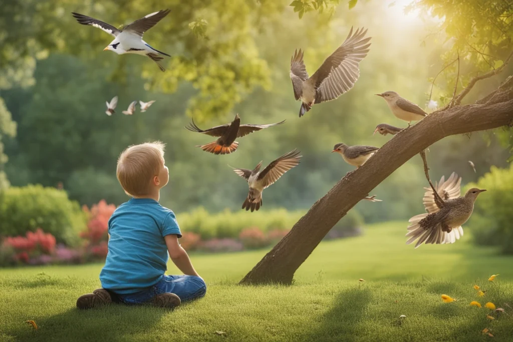 kid enjoying birds in the backyard