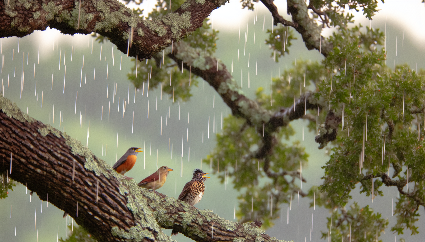 Birds singing in the rain with blurred raindrops in the background