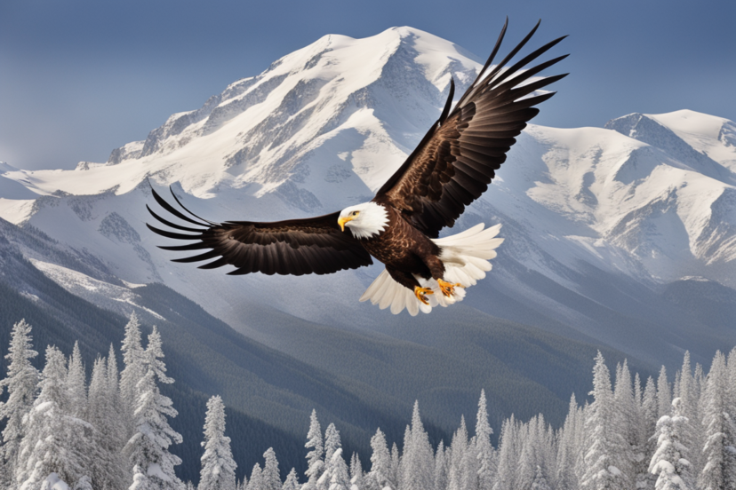 Alaska state with gliding eagles