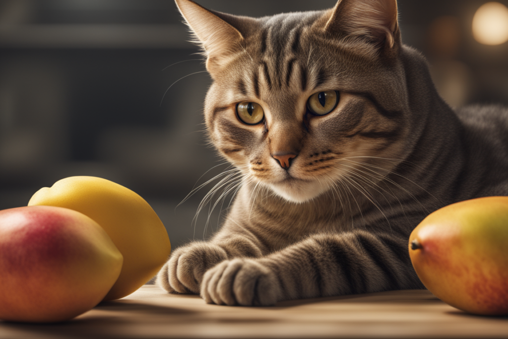 cat near fresh mangoes