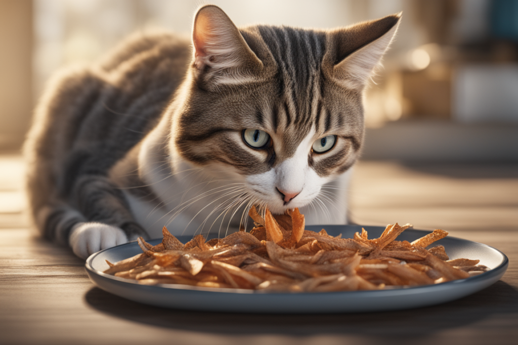 cat eating dried fish