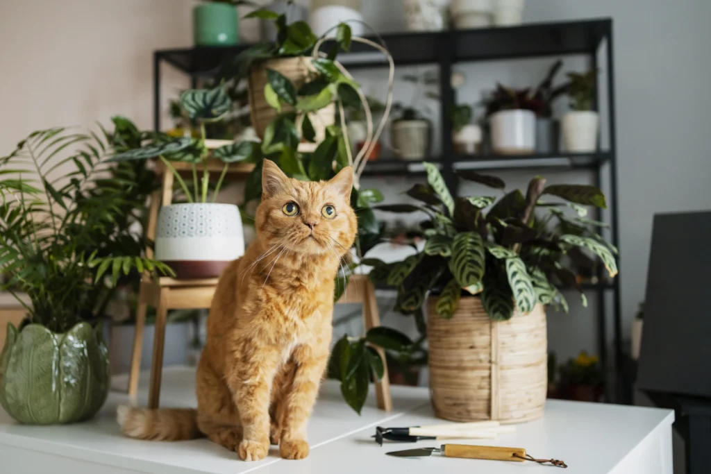 table with plants and cat