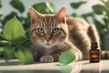 cat with peppermint oil and leaves