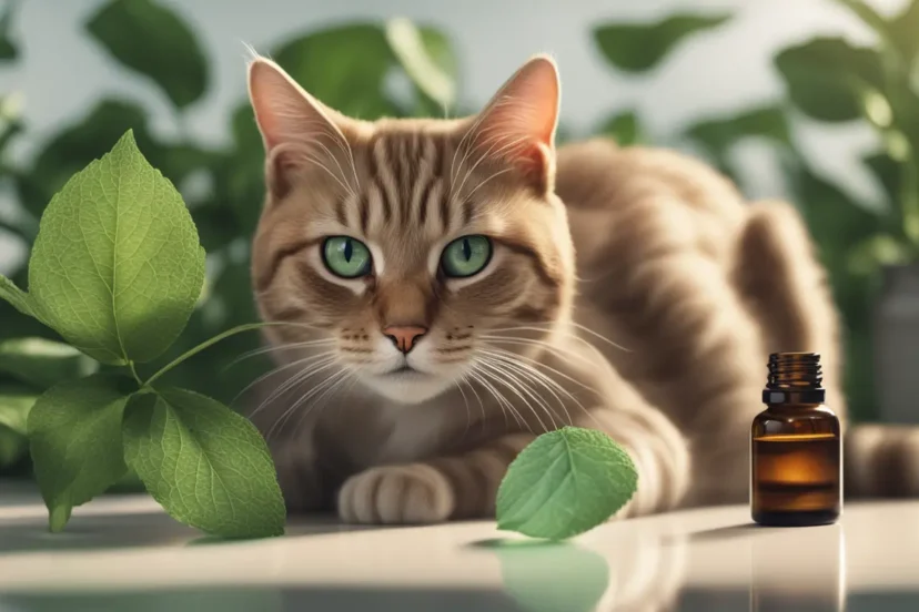 cat with peppermint oil and leaves
