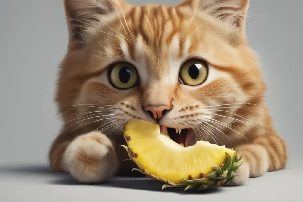 cat eating pineapple