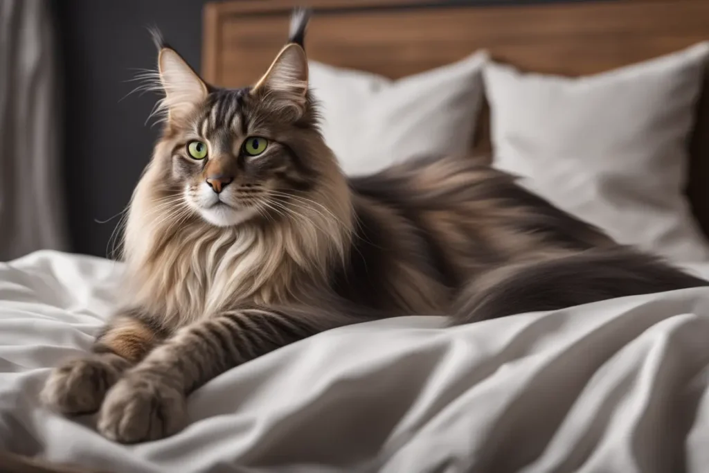 Maine Coon Siamese Mix in bed